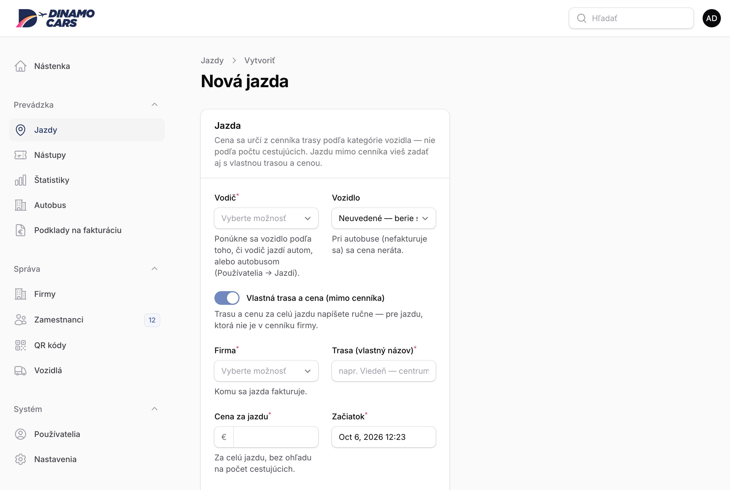 Ručná jazda s vlastnou trasou a cenou