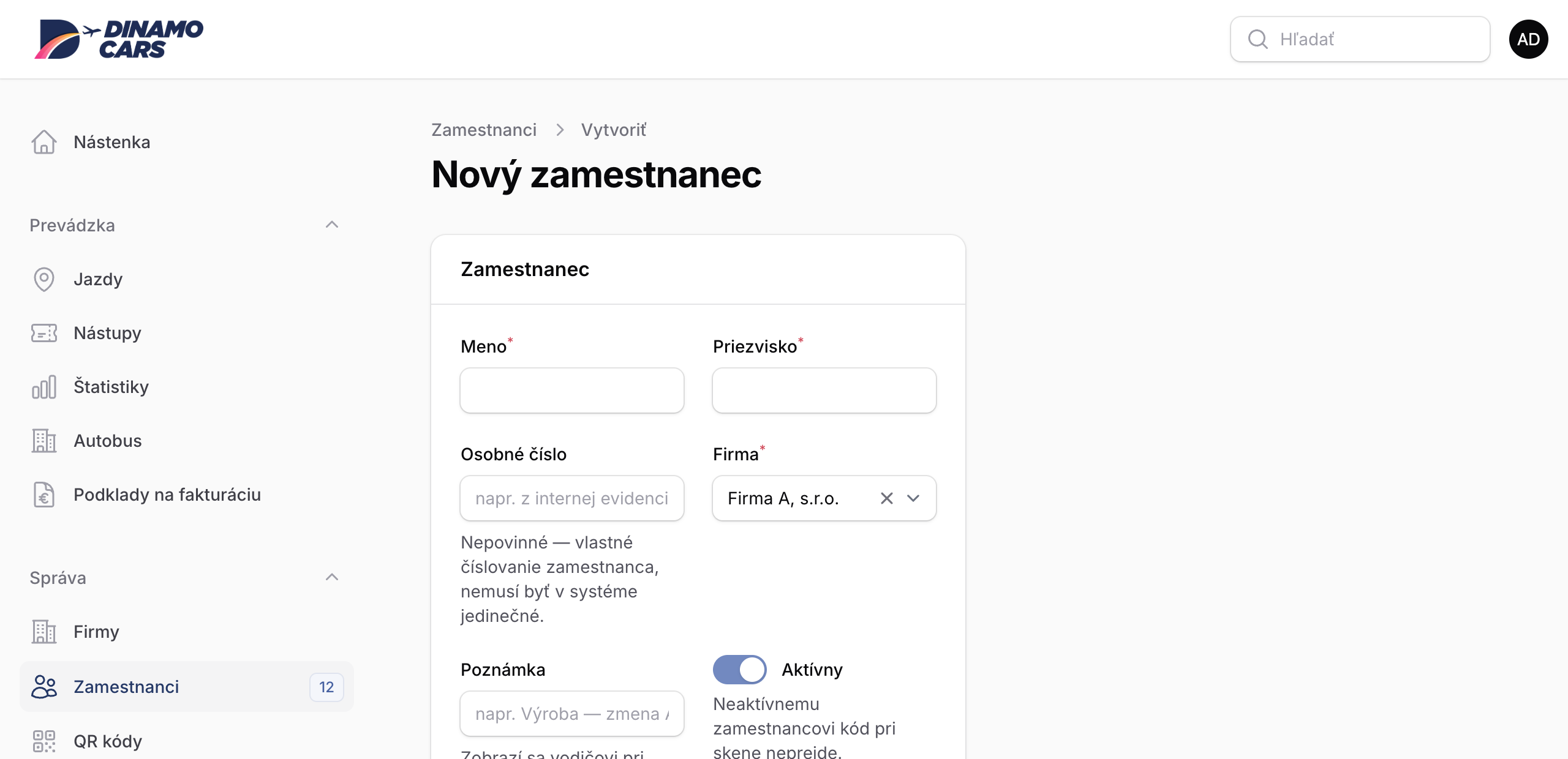 Formulár nového zamestnanca